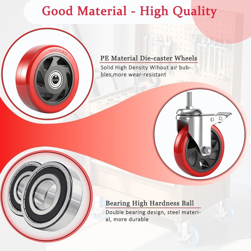 Julang 4 inch Caster Wheels 1/2 Threaded Stem Casters Set of 4 Heavy Duty 2400lbs, 1/2"-20 x1.25(Stem Diameter 1/2", 20 Threaeds Per Inch, Length 1.25"), Industrial Castor Wheels for Cart,Furniture - Image 4